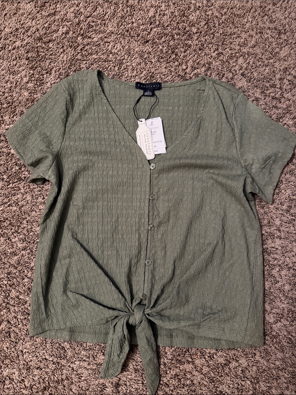 Sanctuary Olive Green Short-Sleeve Button Tie-Front Top